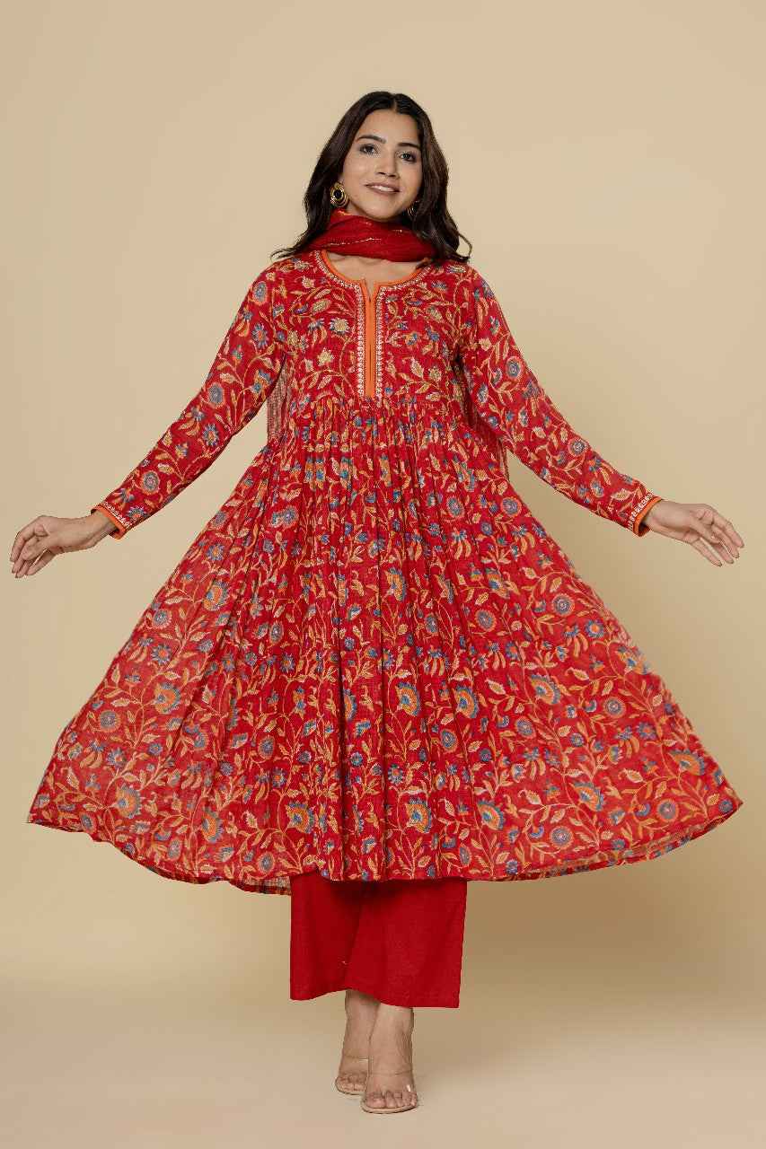 (Set of 3) Naksh Red Kalidar Kurta