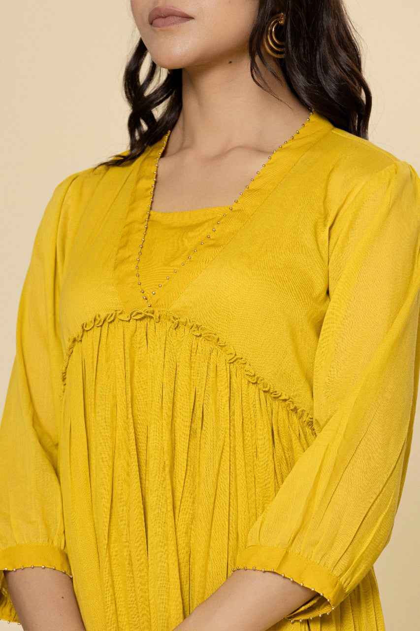 Naksh Yellow Mulmul Gathered Kurta-Dress