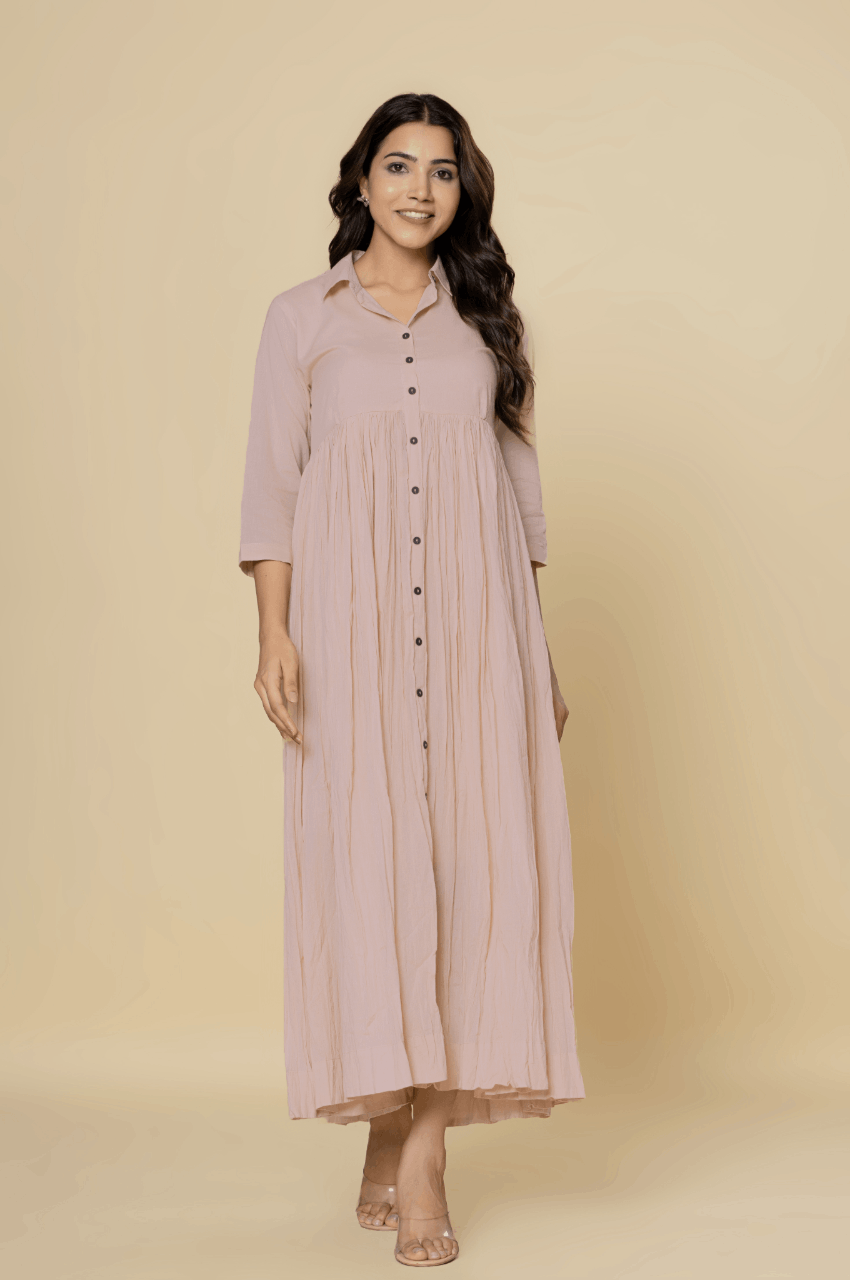 Naksh Dusty Pink Solid Collared Long Gathered Kurta-Dress