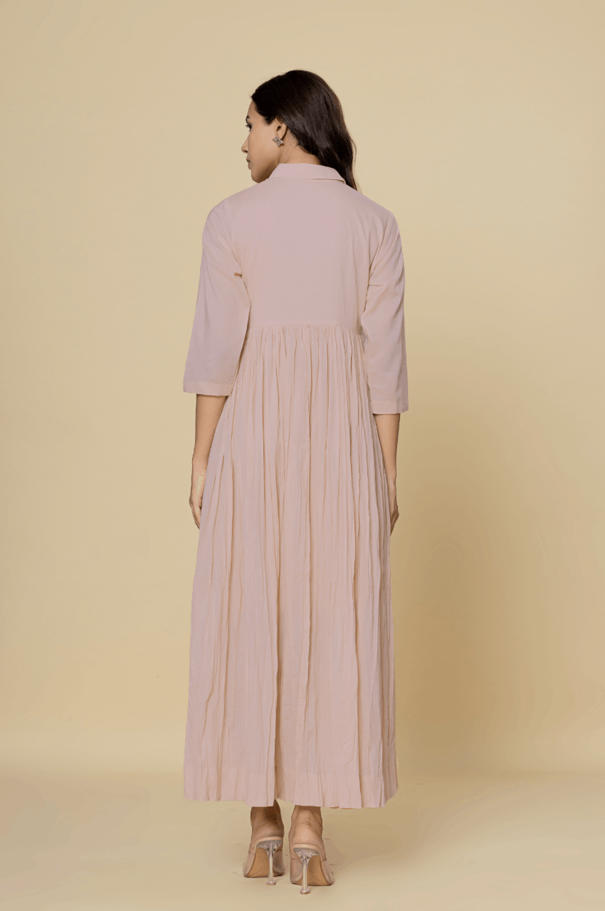Naksh Dusty Pink Solid Collared Long Gathered Kurta-Dress