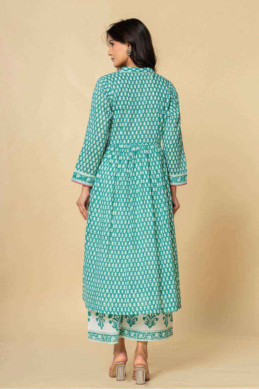 (Set of 3) Naksh Sea Green Gathered Kurta-Duptta-Pants