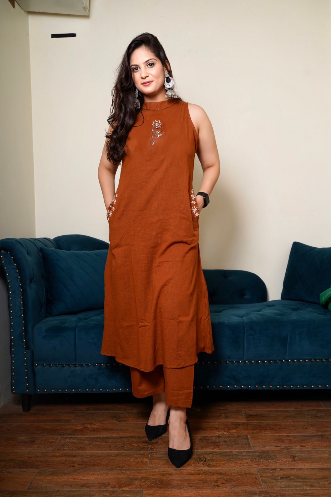Tritiyaa A-Line Cotton Slub Kurta Set with Palazzo | Embroidered Neck & Pocket Detailing