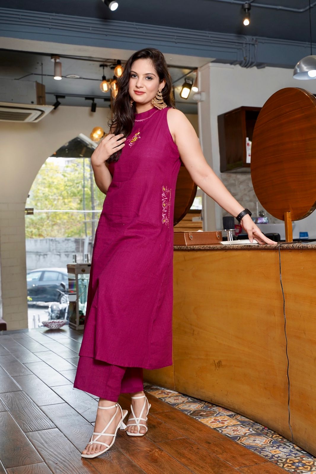 Tritiyaa A-Line Cotton Slub Kurta Set with Palazzo | Embroidered Neck & Pocket Detailing