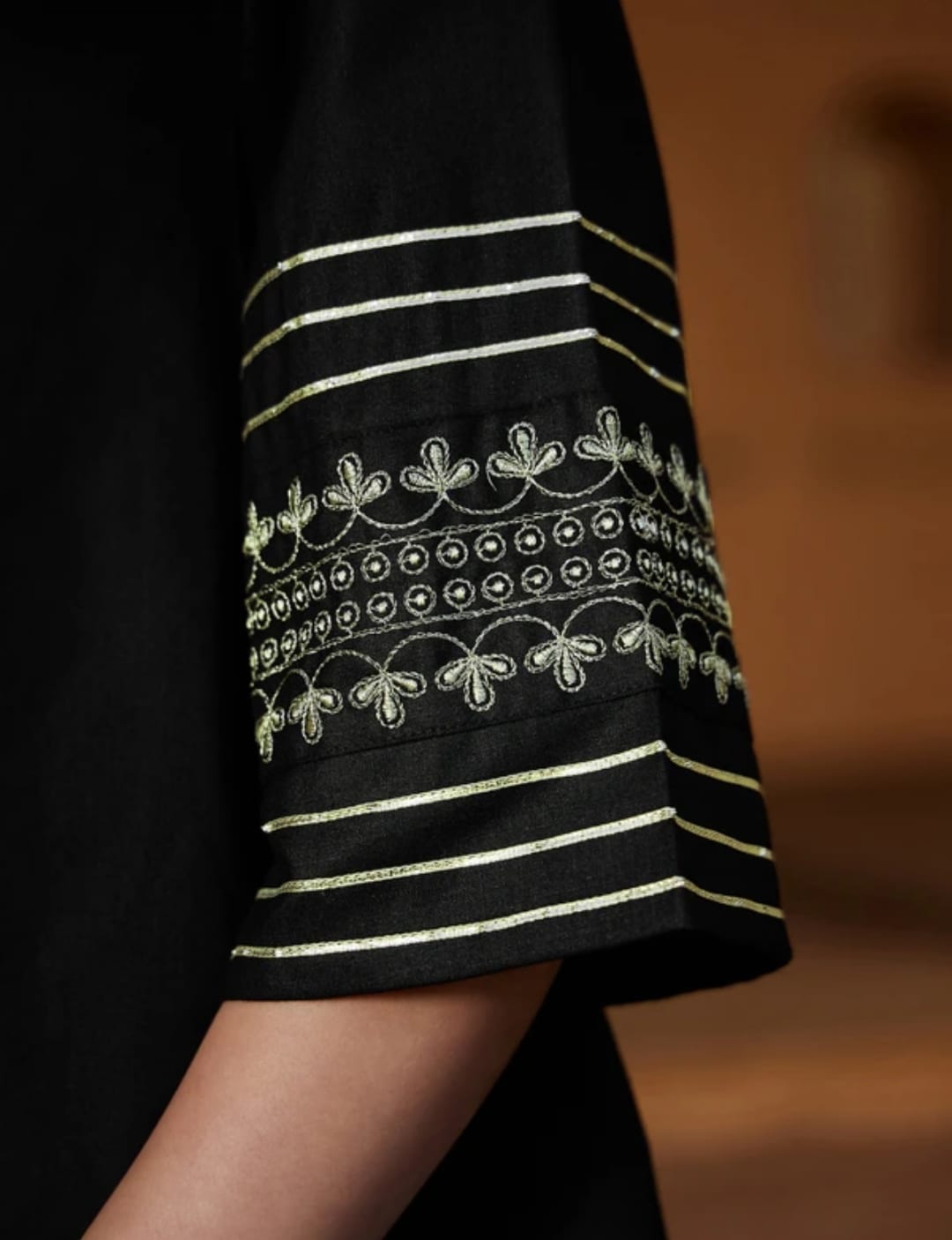Tritiyaa Black Cotton Slub Co-Ord Set | Embroidered Sleeve Kurti with Pants | Elegant Ethnic Wear