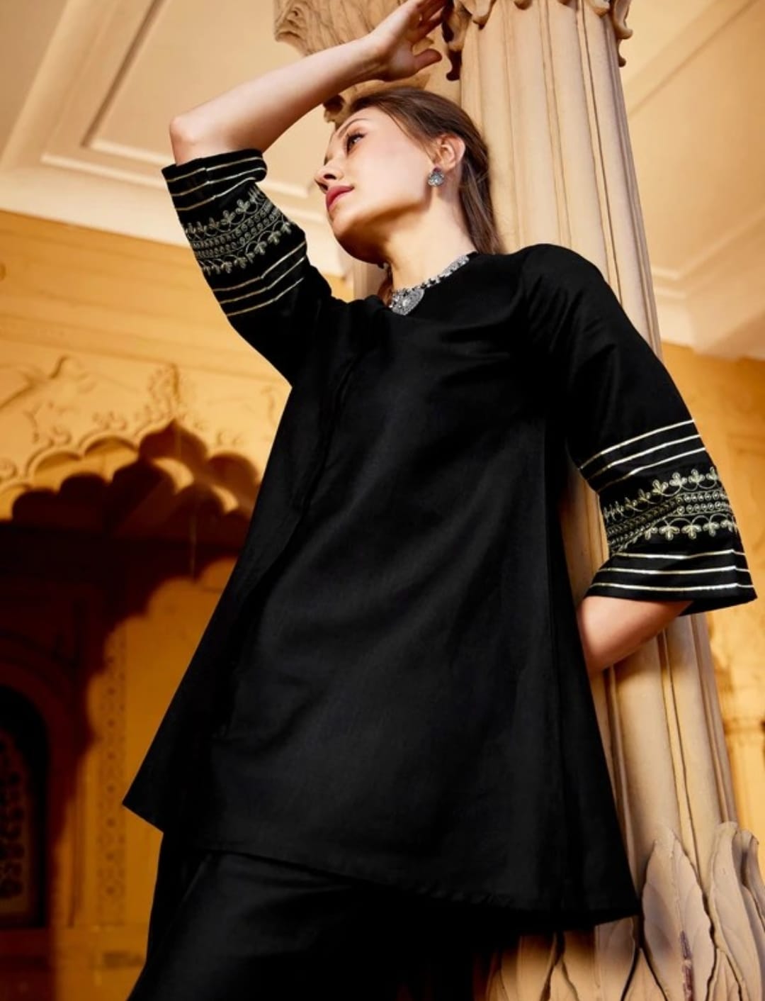Tritiyaa Black Cotton Slub Co-Ord Set | Embroidered Sleeve Kurti with Pants | Elegant Ethnic Wear