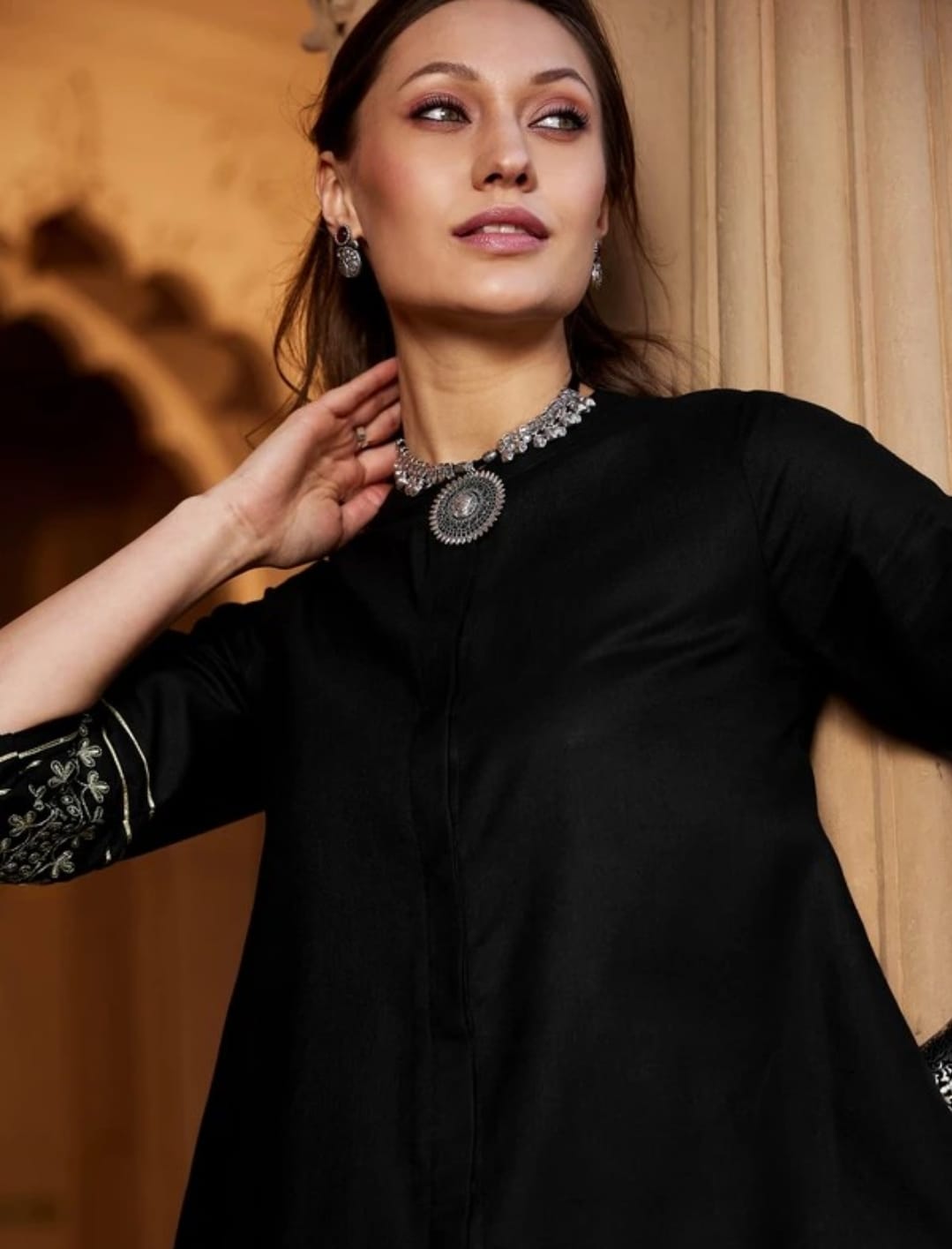 Tritiyaa Black Cotton Slub Co-Ord Set | Embroidered Sleeve Kurti with Pants | Elegant Ethnic Wear