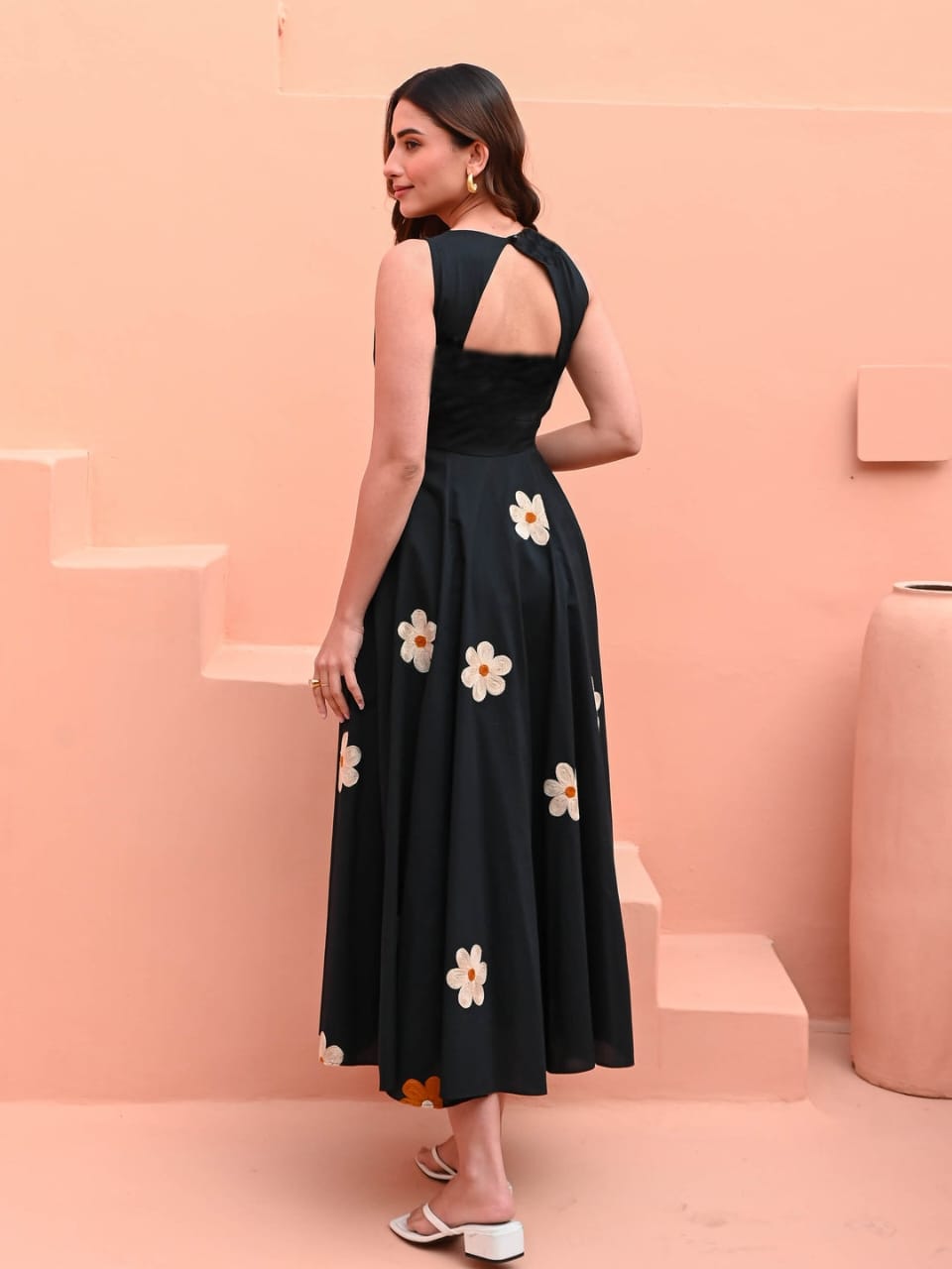 Tritiyaa Black Cotton Midi Dress with Hand Thread Floral Embroidery | Elegant Ethnic Fusion Wear