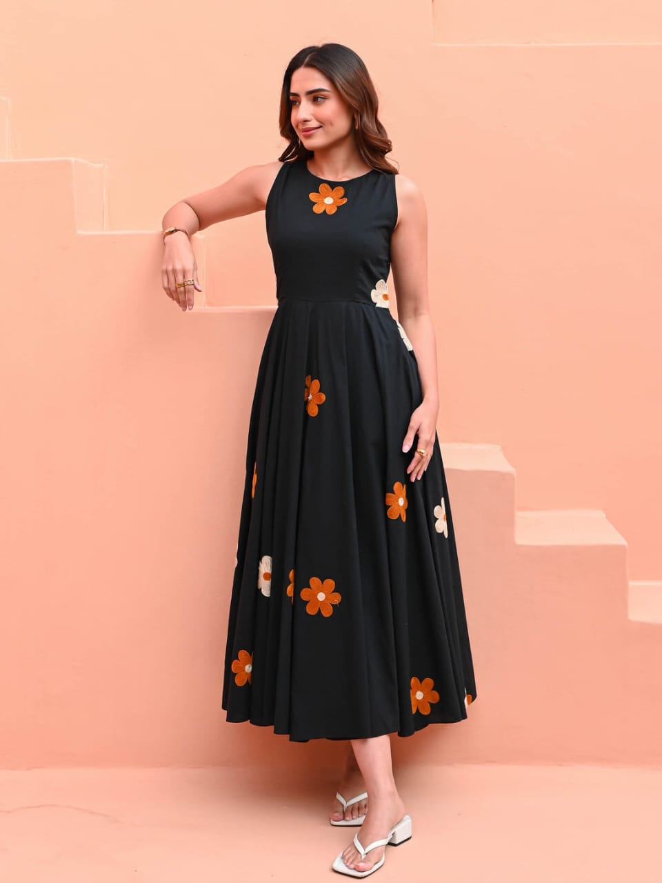 Tritiyaa Black Cotton Midi Dress with Hand Thread Floral Embroidery | Elegant Ethnic Fusion Wear