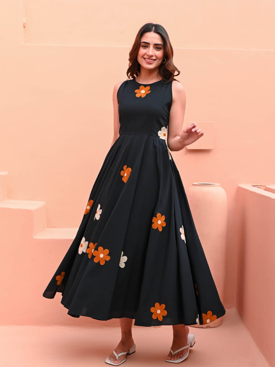 Tritiyaa Black Cotton Midi Dress with Hand Thread Floral Embroidery | Elegant Ethnic Fusion Wear