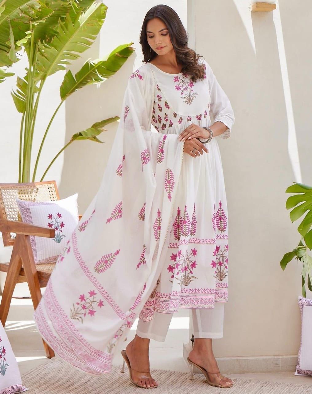 Tritiyaa White Jaipur Floral Cotton Kurta Set with Dupatta | Women’s Full Ghera Ethnic Suit Set