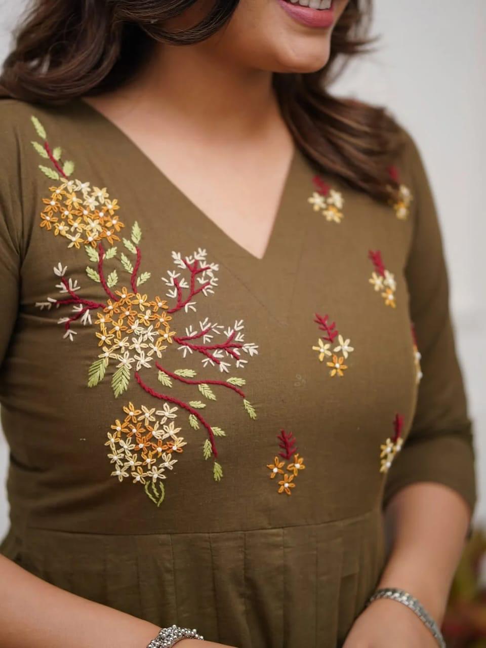 Tritiyaa Olive Cotton Anarkali Kurta Set with Sequence Embroidery & Handblocked Dupatta – Elegant Ethnic 3-Piece Ensemble