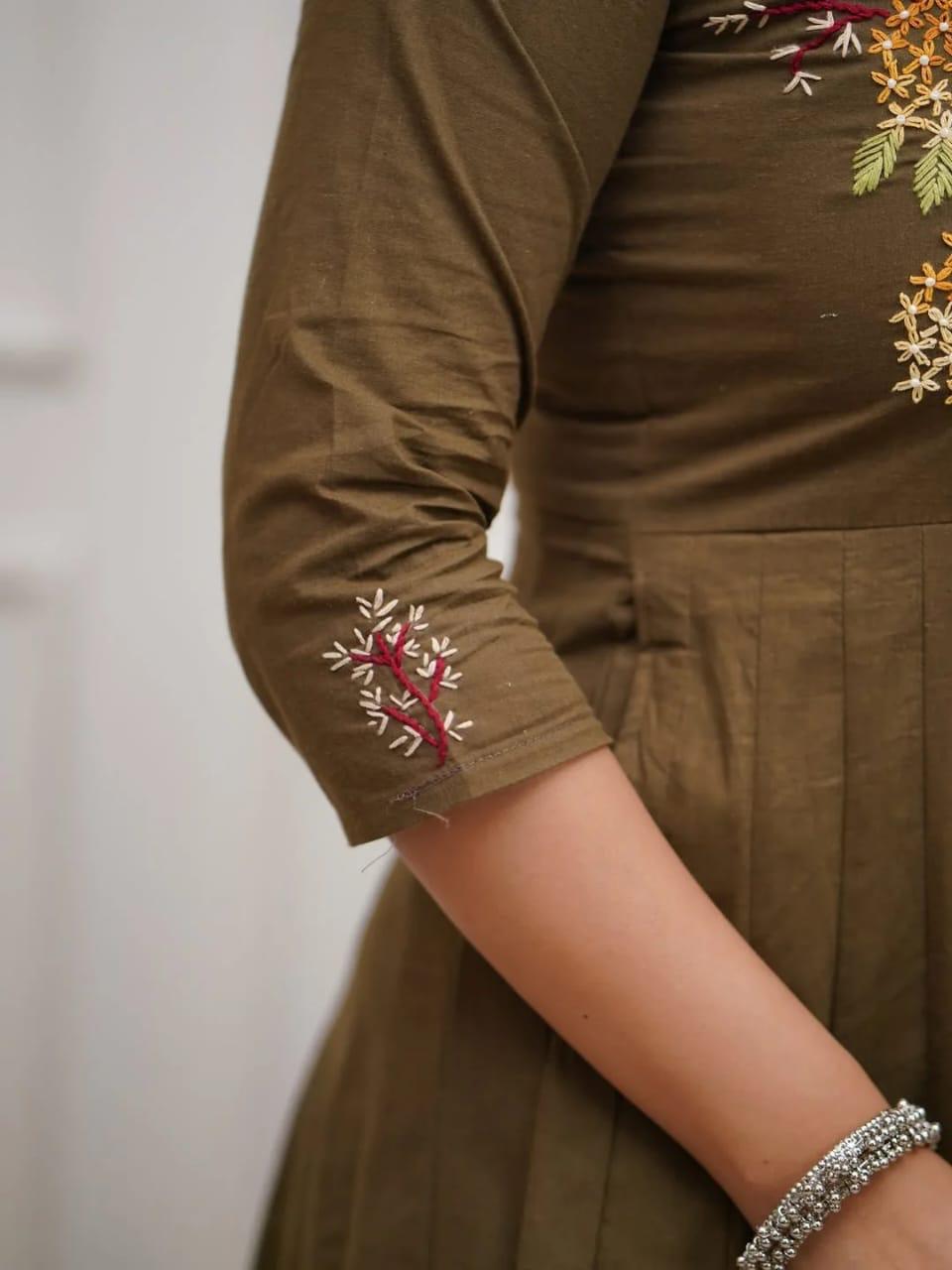 Tritiyaa Olive Cotton Anarkali Kurta Set with Sequence Embroidery & Handblocked Dupatta – Elegant Ethnic 3-Piece Ensemble