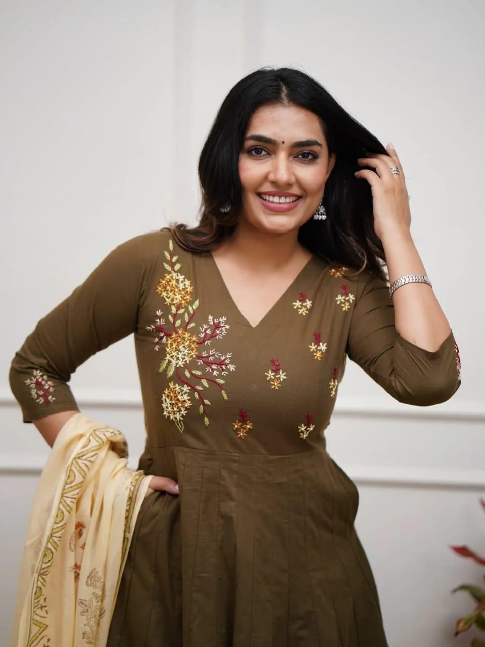 Tritiyaa Olive Cotton Anarkali Kurta Set with Sequence Embroidery & Handblocked Dupatta – Elegant Ethnic 3-Piece Ensemble