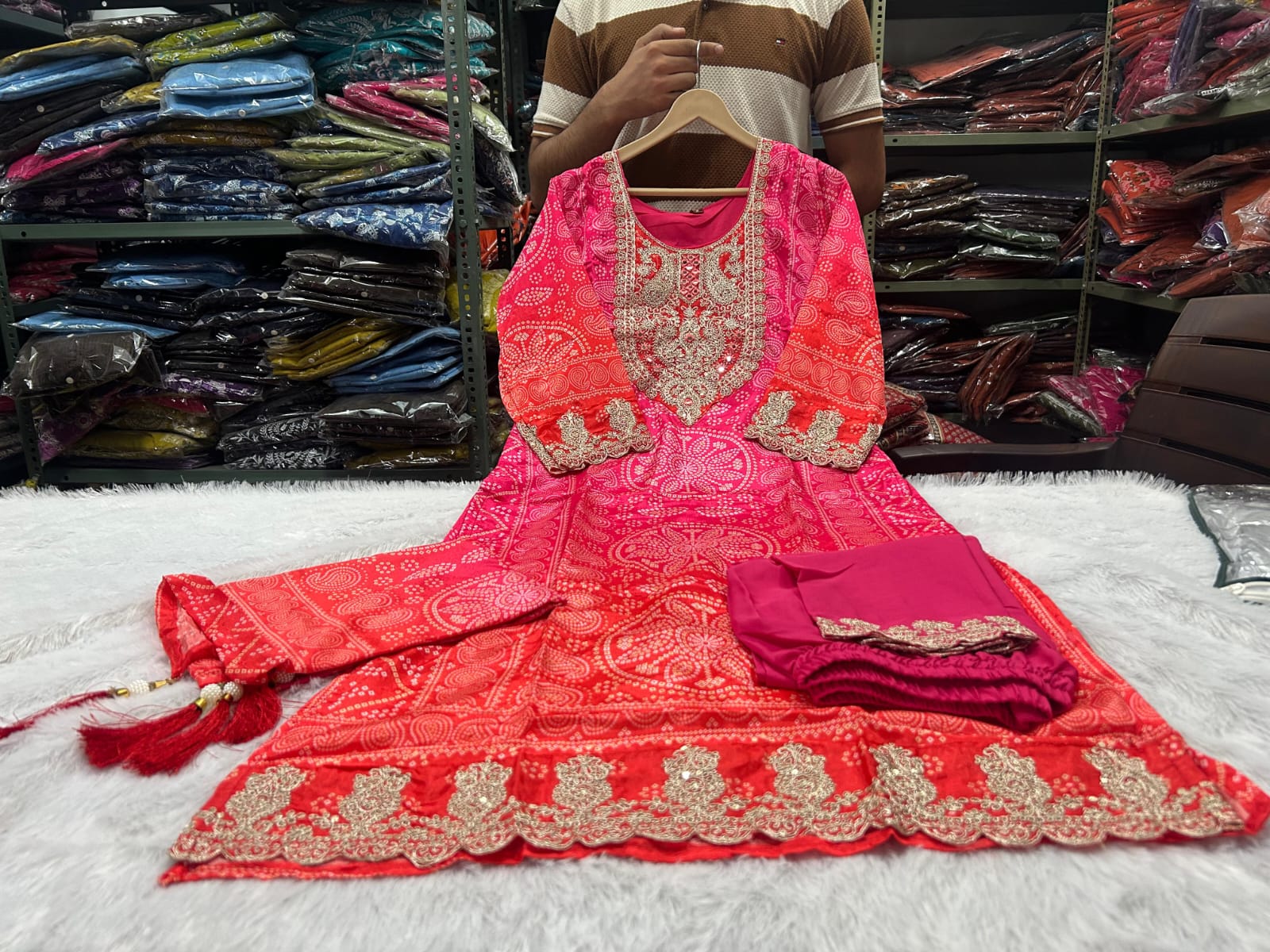 Tritiyaa Elegant Chinon Straight Kurta Set with Heavy Embroidery & Mirror Work | Kurta Pant Dupatta