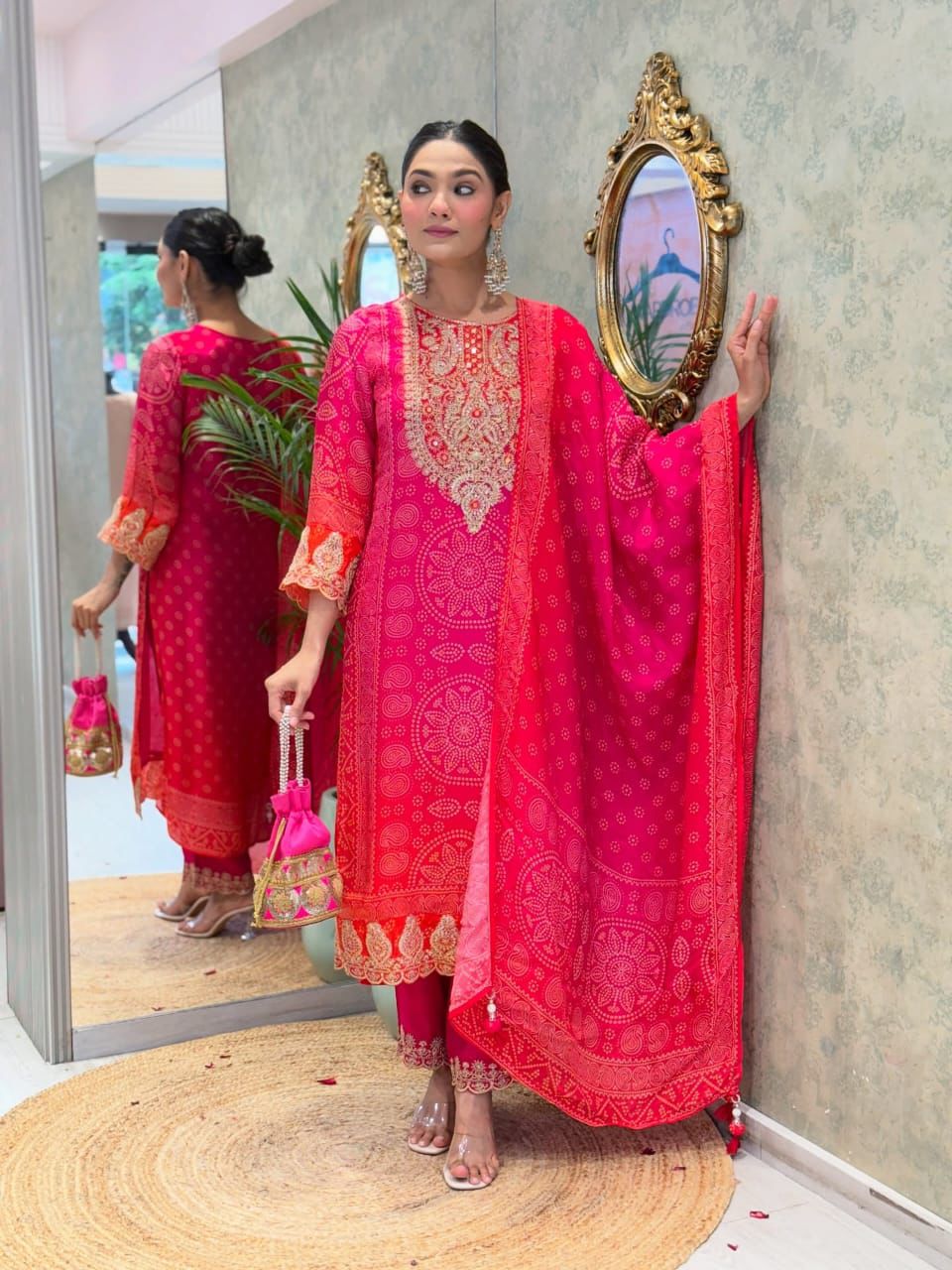 Tritiyaa Elegant Chinon Straight Kurta Set with Heavy Embroidery & Mirror Work | Kurta Pant Dupatta