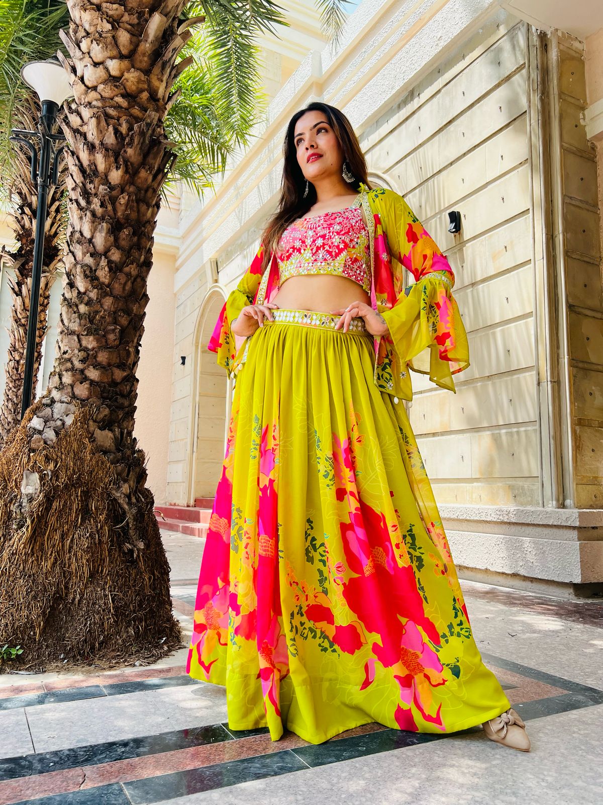 Tritiyaa Designer Faux Georgette Lehenga Choli with Mirror & Zari Work – Vibrant Floral Printed 3-Piece Ethnic Set