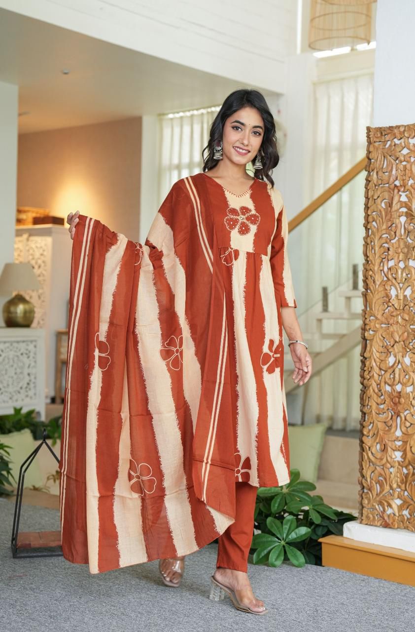 Tritiyaa A-Line Handcrafted Cotton Floral Kurti Set with Dupatta