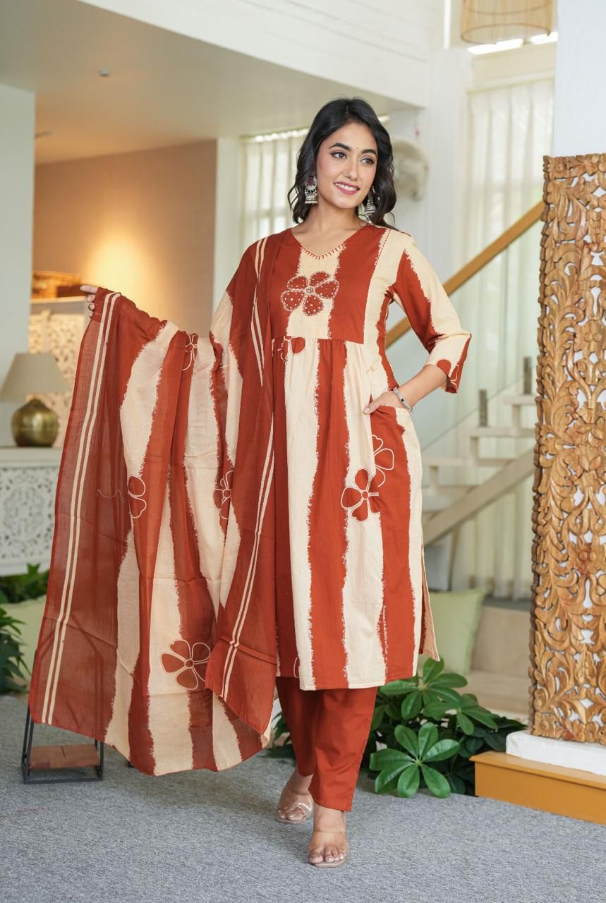 Tritiyaa A-Line Handcrafted Cotton Floral Kurti Set with Dupatta