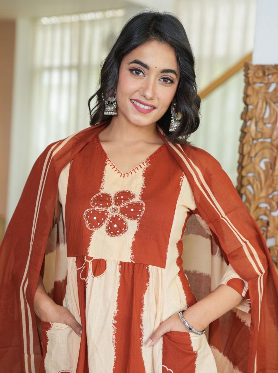Tritiyaa A-Line Handcrafted Cotton Floral Kurti Set with Dupatta
