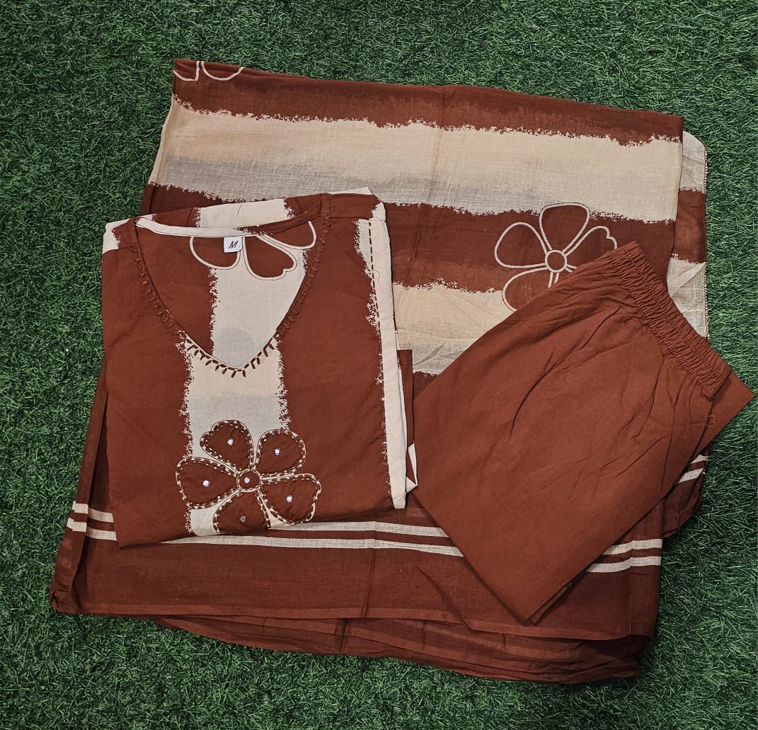 Tritiyaa A-Line Handcrafted Cotton Floral Kurti Set with Dupatta