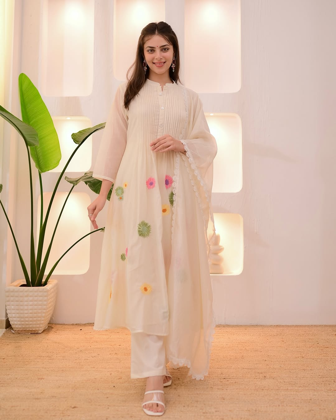 Tritiyaa Ivory Pastel Floral Pure Cotton Embroidered Suit Set