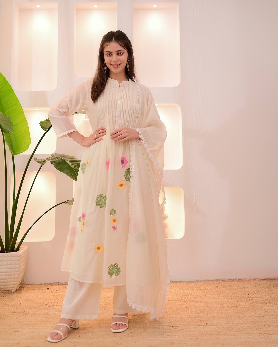 Tritiyaa Ivory Pastel Floral Pure Cotton Embroidered Suit Set