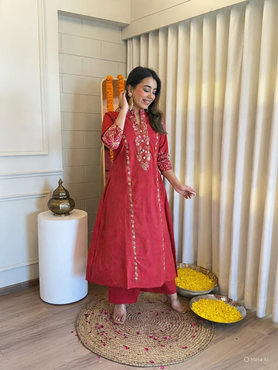 Tritiyaa Red/Pink Pure Cotton Kurti Pant Set with Embroidery | Elegant Festive Ethnic Wear for Women