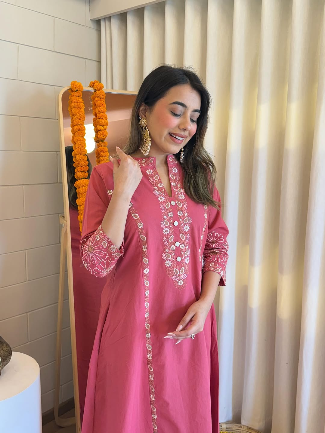 Tritiyaa Red/Pink Pure Cotton Kurti Pant Set with Embroidery | Elegant Festive Ethnic Wear for Women