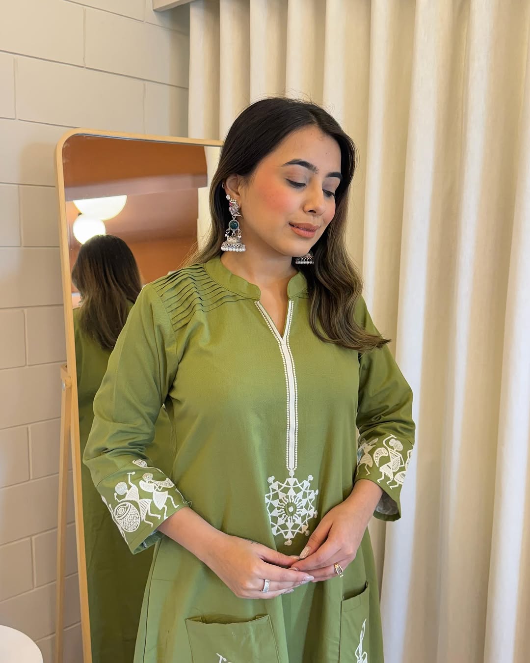 Tritiyaa Green Cotton Flex Kurti Pant Set with Embroidery & Pintex Work | Elegant Ethnic Wear for Women