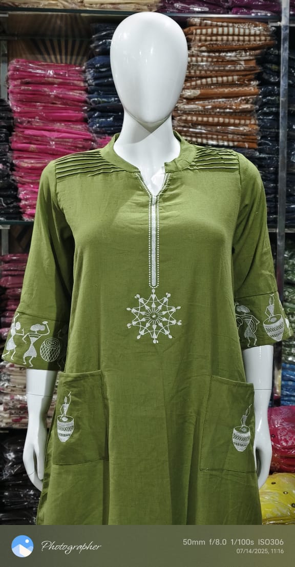 Tritiyaa Green Cotton Flex Kurti Pant Set with Embroidery & Pintex Work | Elegant Ethnic Wear for Women