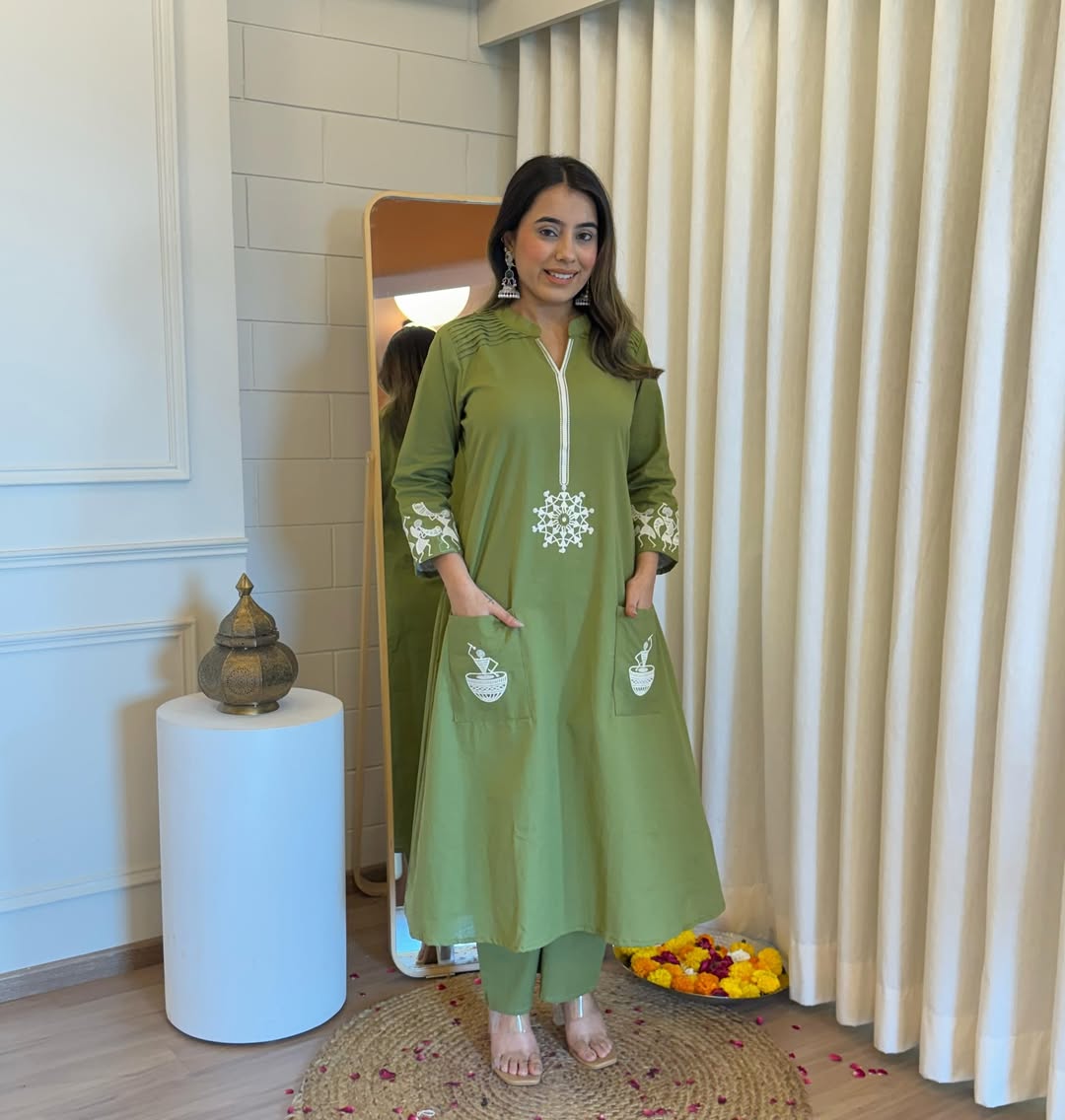 Tritiyaa Green Cotton Flex Kurti Pant Set with Embroidery & Pintex Work | Elegant Ethnic Wear for Women