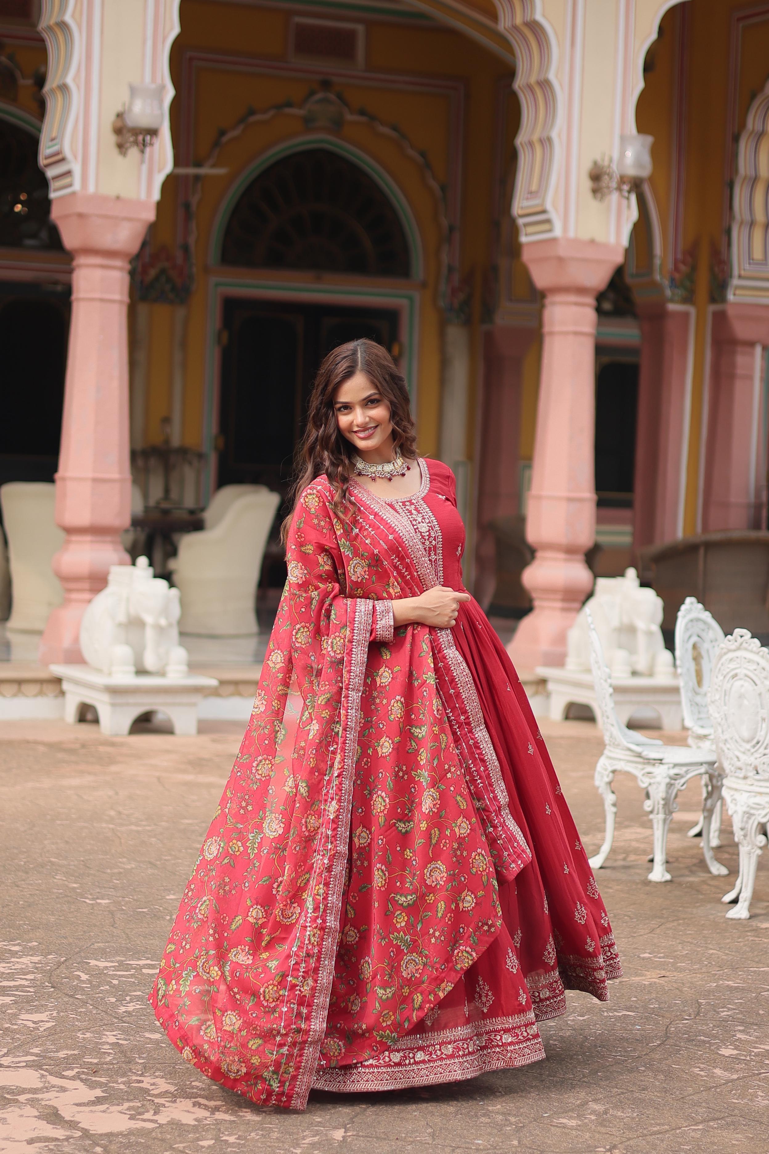 Tritiyaa Chinon Sequins Embroidered Anarkali Gown with Kalamkari Dupatta | Elegant Ethnic Party Wear
