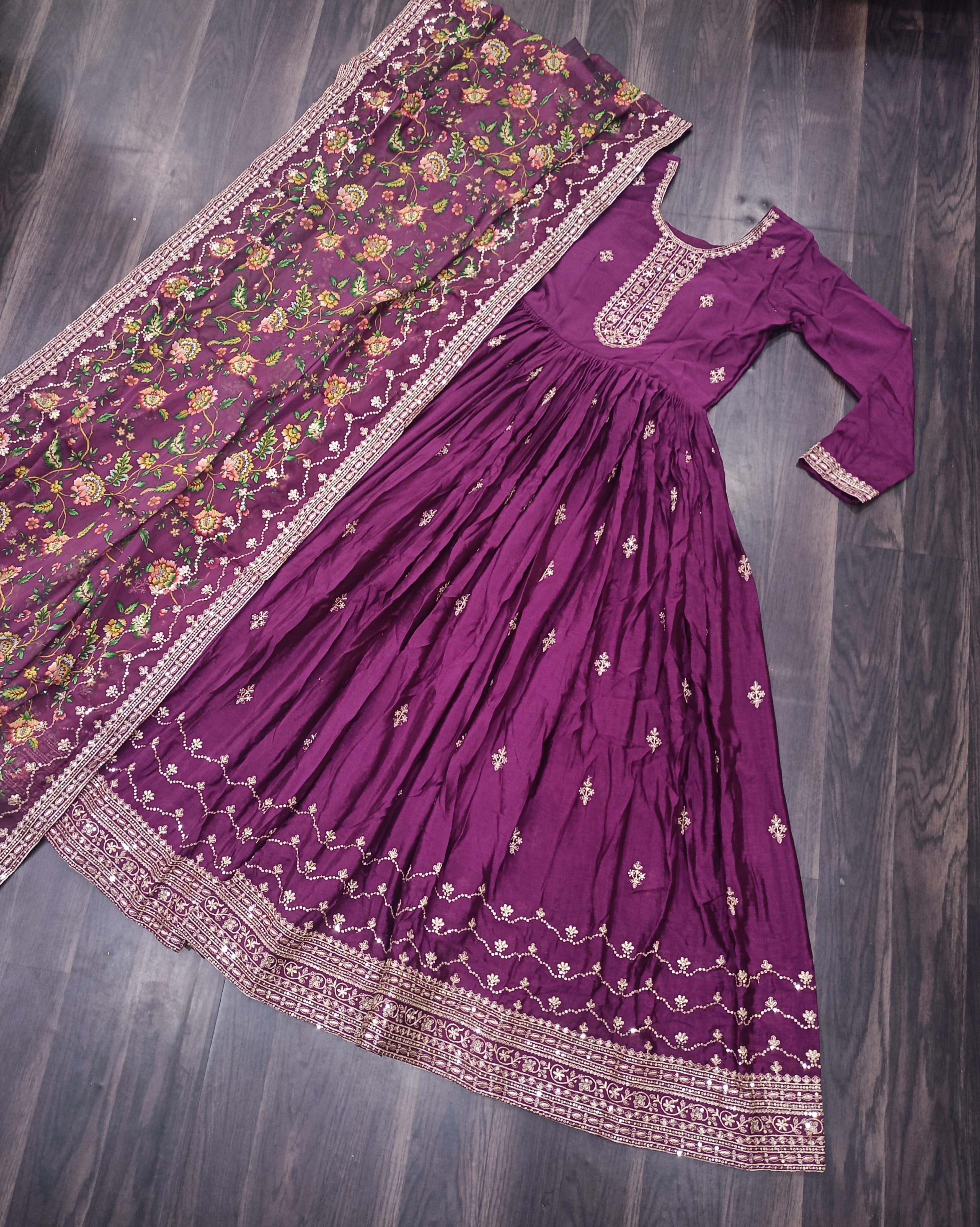 Tritiyaa Chinon Sequins Embroidered Anarkali Gown with Kalamkari Dupatta | Elegant Ethnic Party Wear