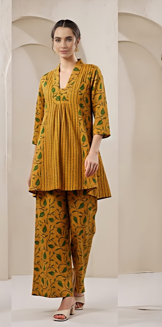 Tritiyaa Yellow Printed Cotton Kurti Pant Set | Regular Fit Daily Wear Set