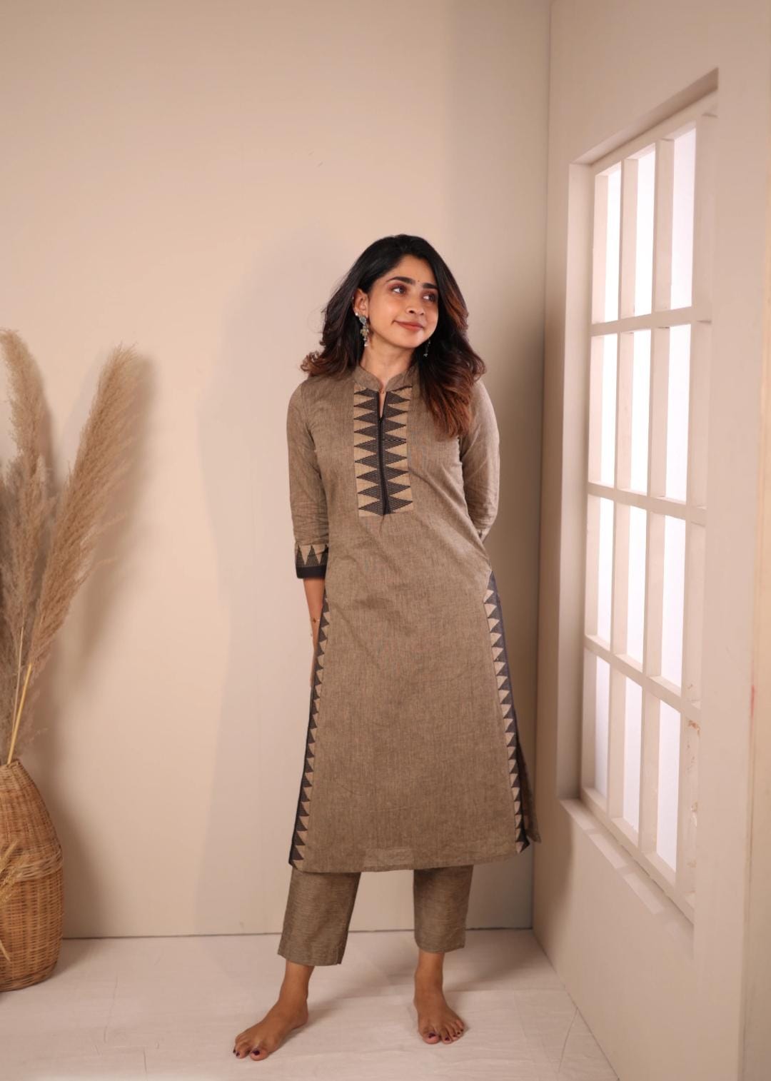 Tritiyaa Chettinad Cotton Kurti Pant Set with Center Zip | Modern Office Wear Set