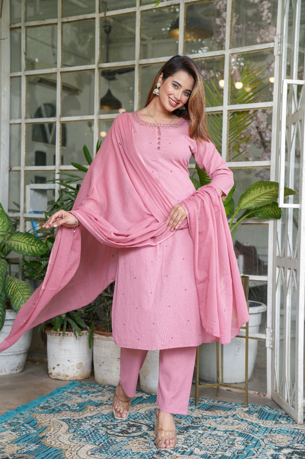 Tritiyaa Designer Cotton Flex Embroidered Kurti Pant Dupatta Set | Festive 3-Piece Set