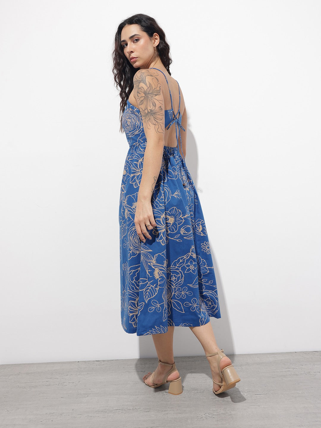 Tritiyaa Blue Floral Poplin Cotton Midi Dress | Shoulder Strap Summer Fit & Flare