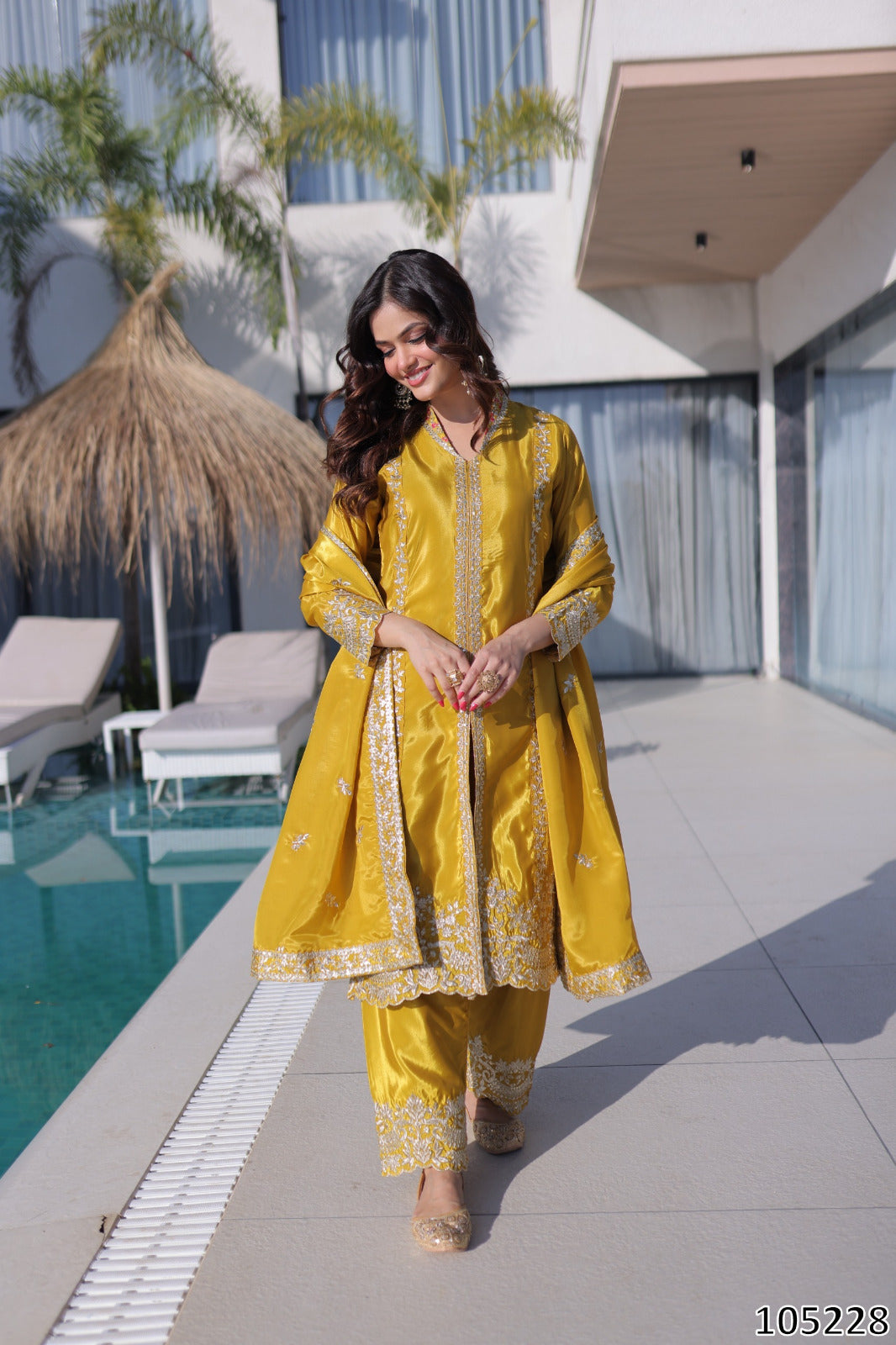 Tritiyaa Premium Yellow HO Fabric Kurti Pant Dupatta Set | Sequins & Zari Embroidered Designer Wear