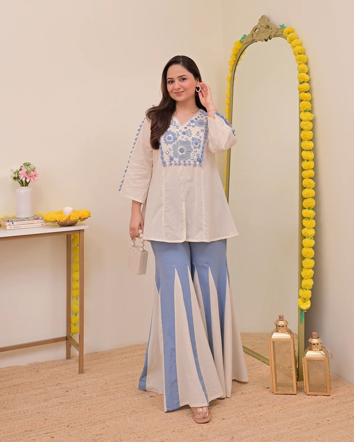 Tritiyaa Cotton Embroidered Top with Kali Pants Co-Ord Set | Designer Ethnic Wear