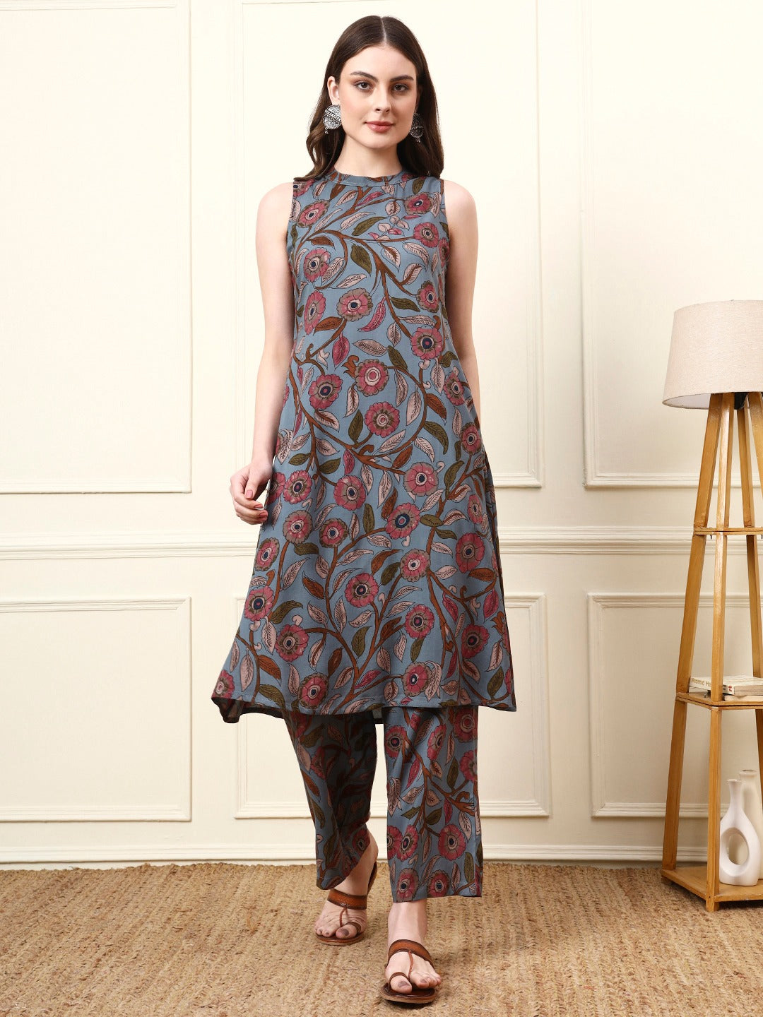 Floral Print Cotton Sleeveless Co-Ord Set | High Round Neck Summer Wear