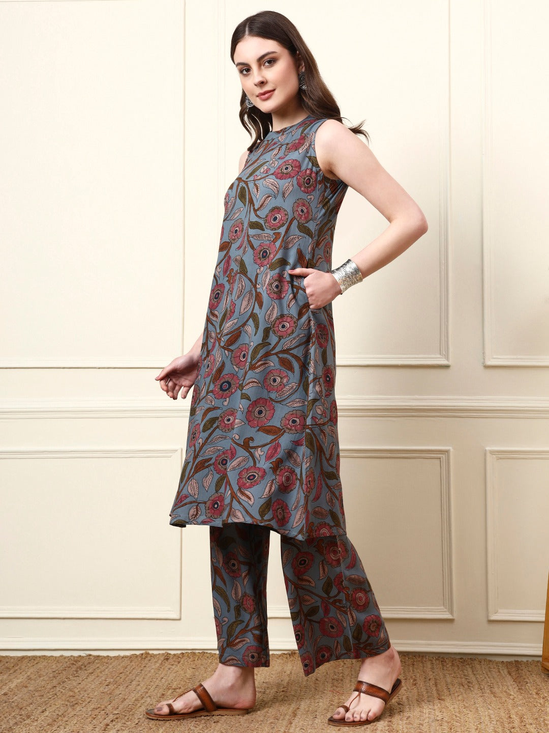 Floral Print Cotton Sleeveless Co-Ord Set | High Round Neck Summer Wear