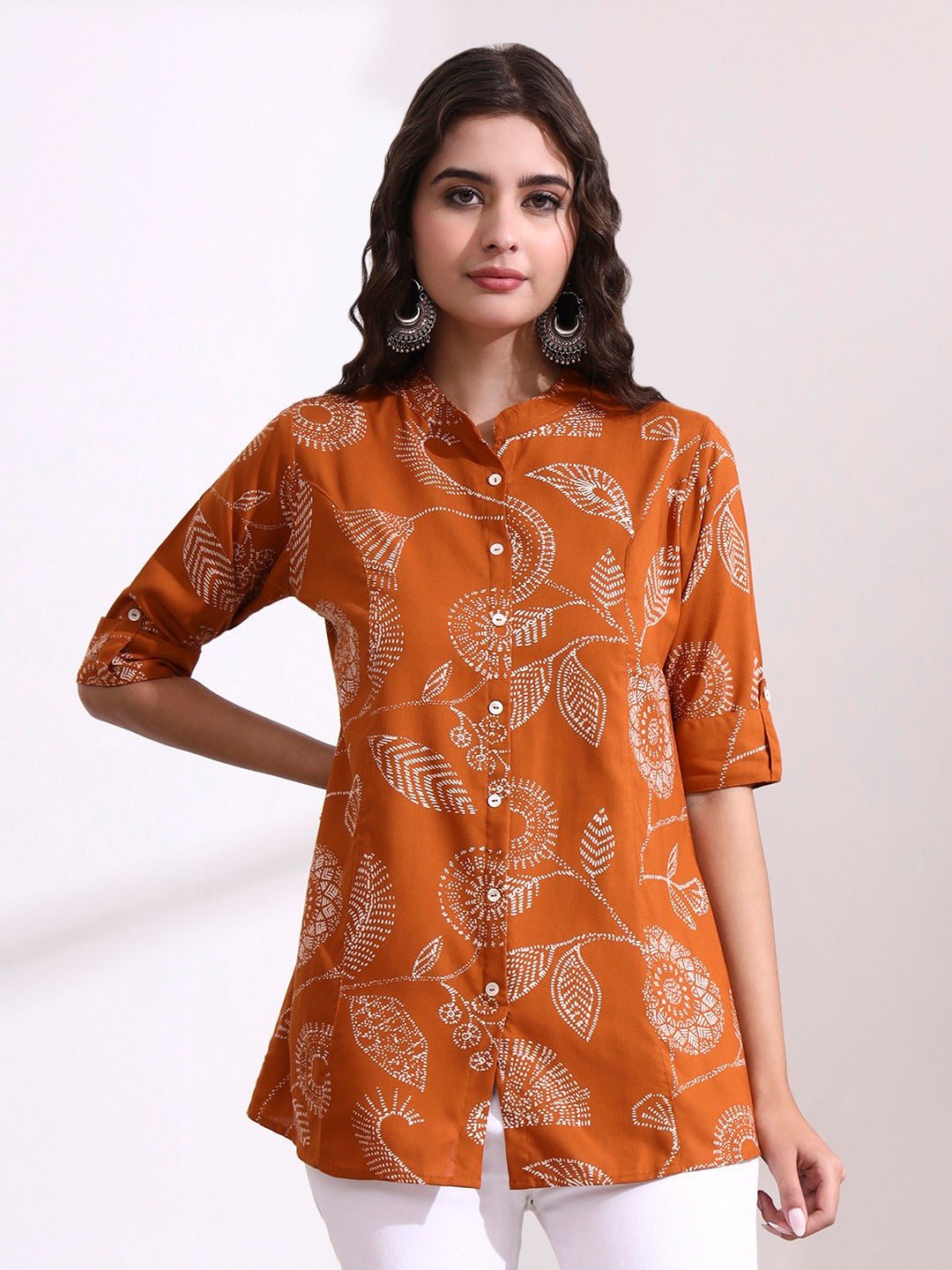 Floral A-Line Shirt Style Top | Mandarin Collar Viscose Rayon Casual Wear