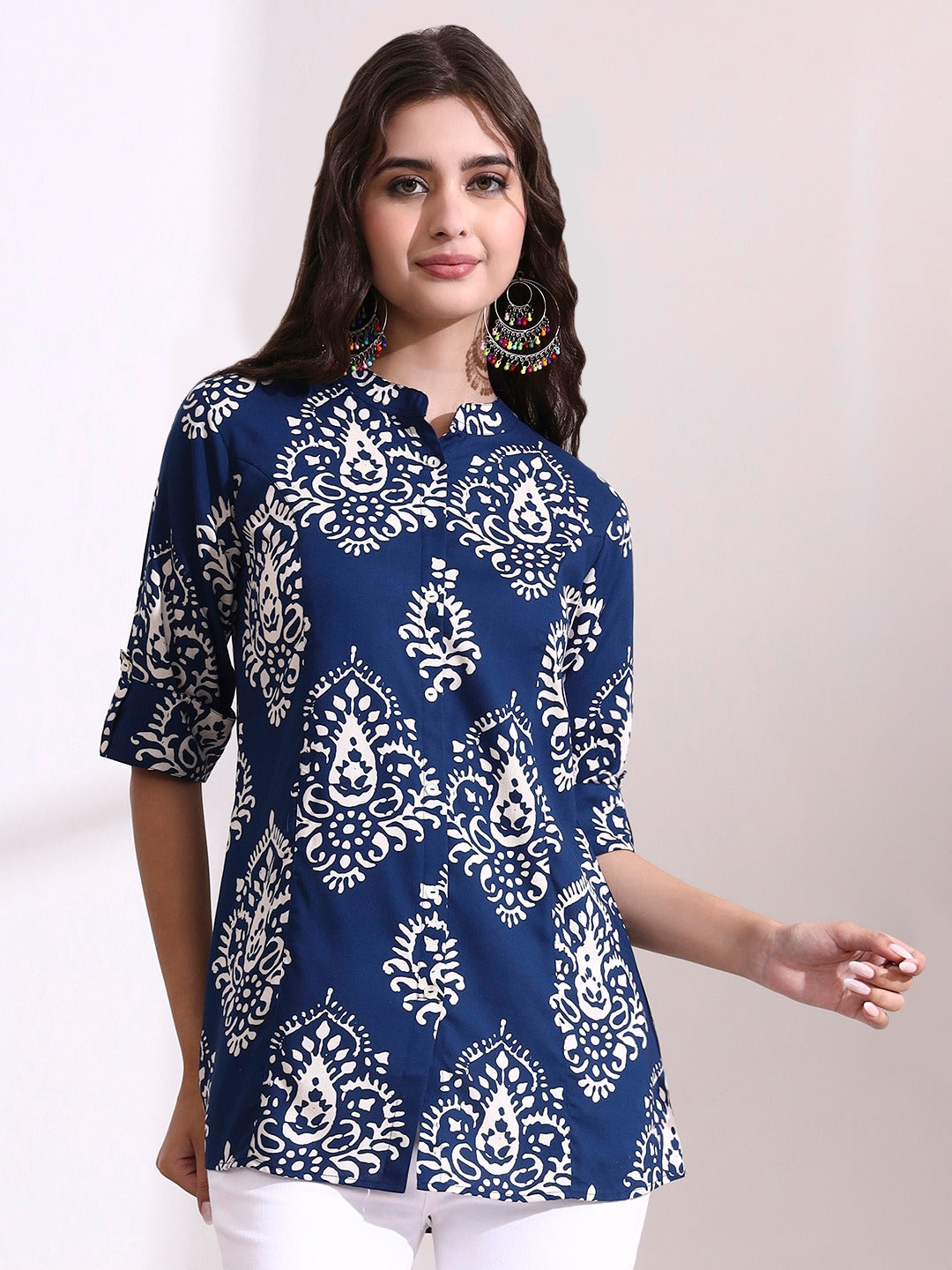 Floral A-Line Shirt Style Top | Mandarin Collar Viscose Rayon Casual Wear