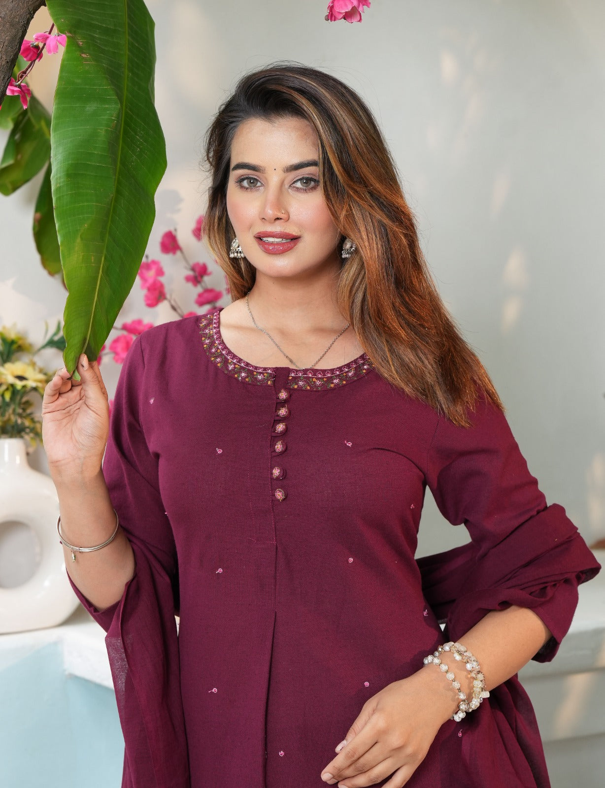 Tritiyaa Designer Cotton Flex Embroidered Kurti Pant Dupatta Set | Festive 3-Piece Set