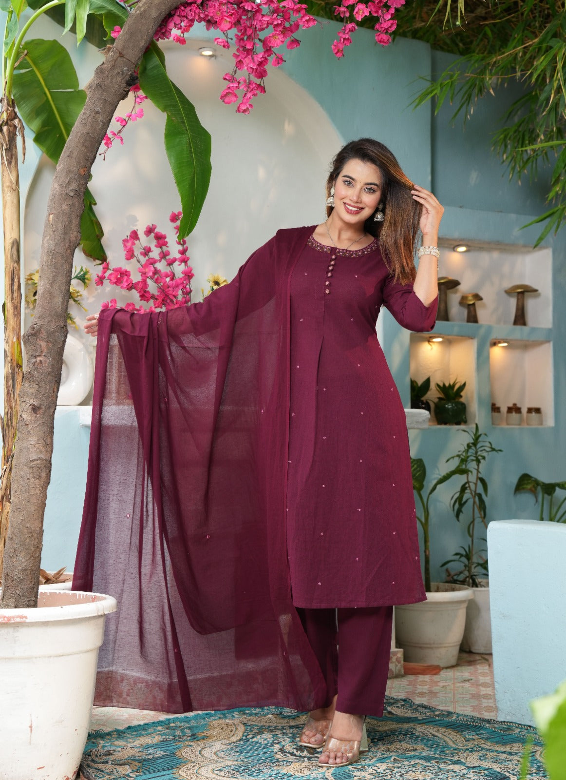 Tritiyaa Designer Cotton Flex Embroidered Kurti Pant Dupatta Set | Festive 3-Piece Set