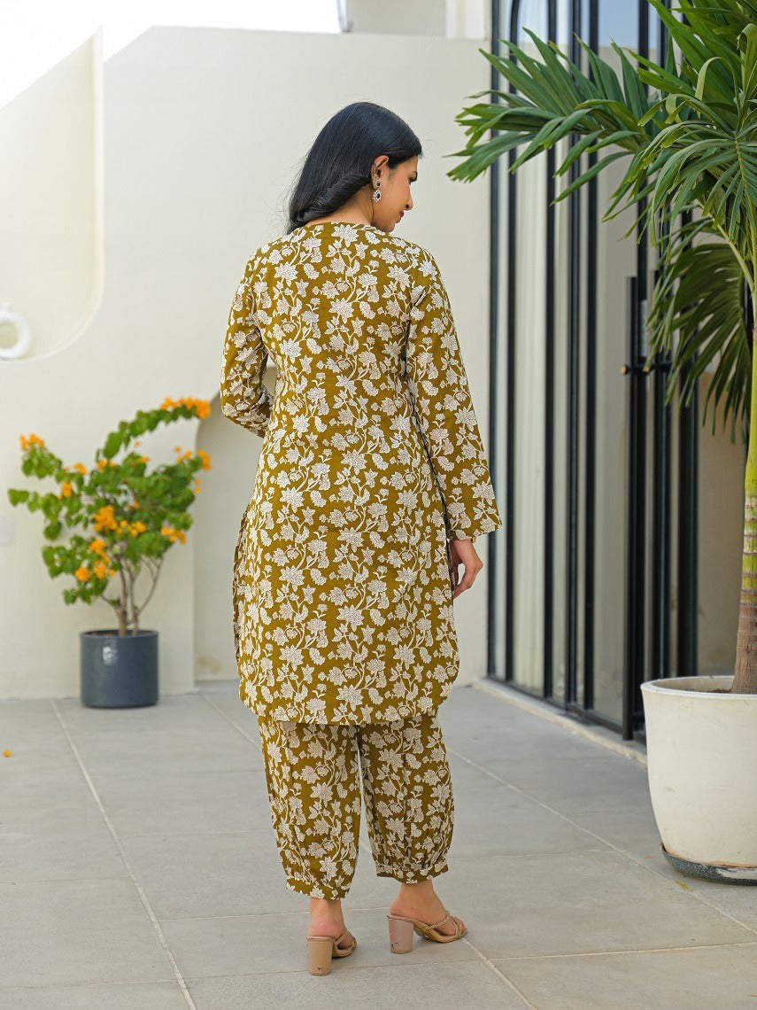 Tritiyaa Olive Green Pure Cotton Kurta Afghani Co-Ord Set | Button Detail Ethnic Set