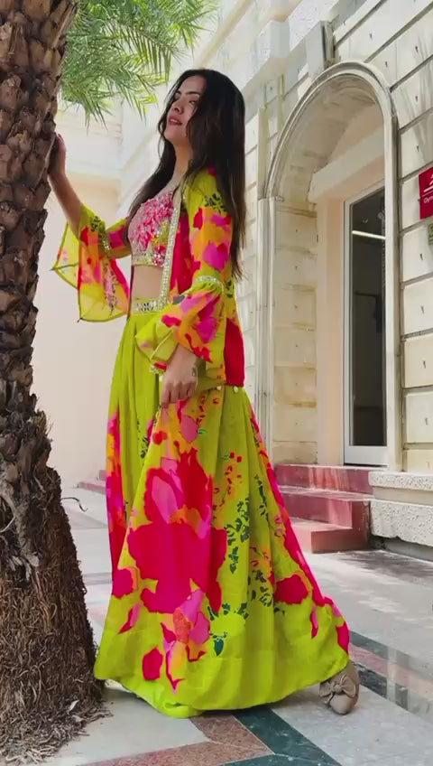 Tritiyaa Designer Faux Georgette Lehenga Choli with Mirror & Zari Work – Vibrant Floral Printed 3-Piece Ethnic Set