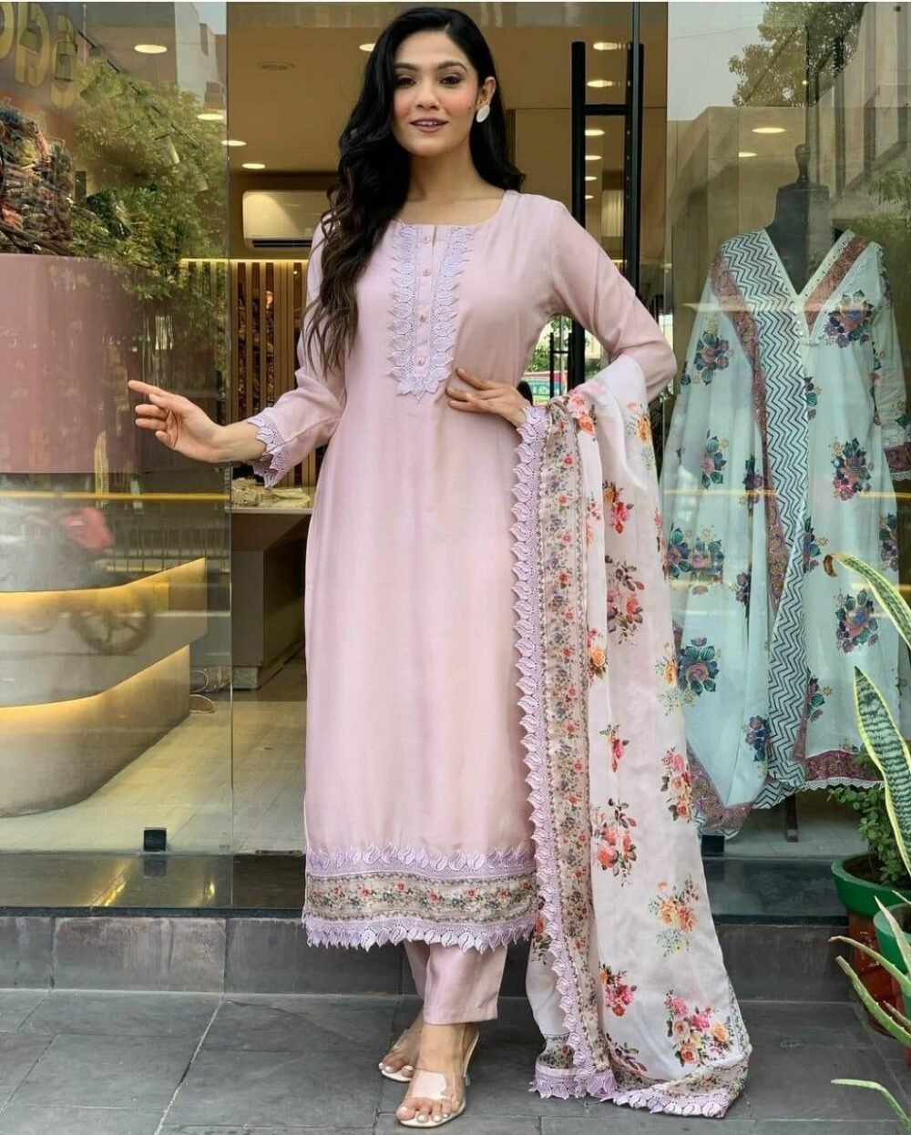 Maslin Digital Print Suit with Heavy Lace Work - Image 8