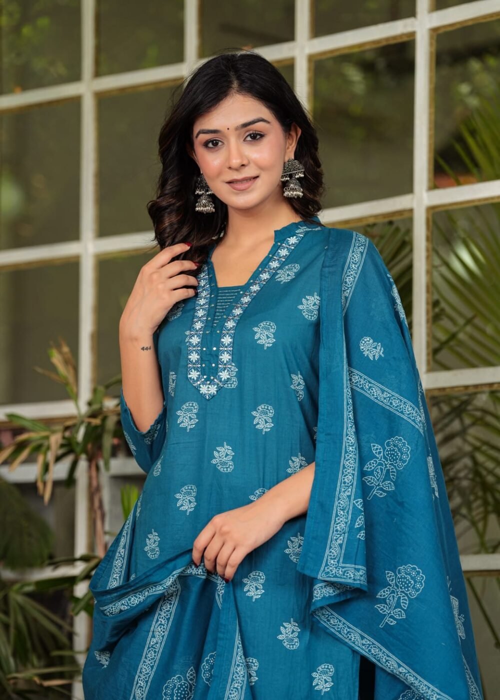 Pure Fine Cotton Kurti Set with Embroidered Neckline - Image 4