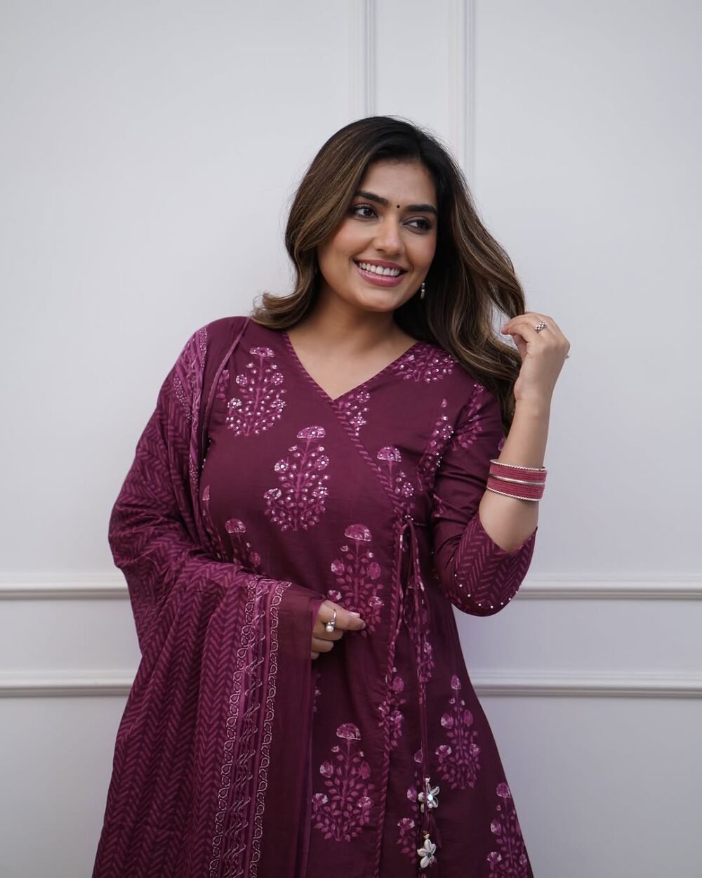 Cotton Angrakha Style Anarkali Set with Mirror Work - Image 3